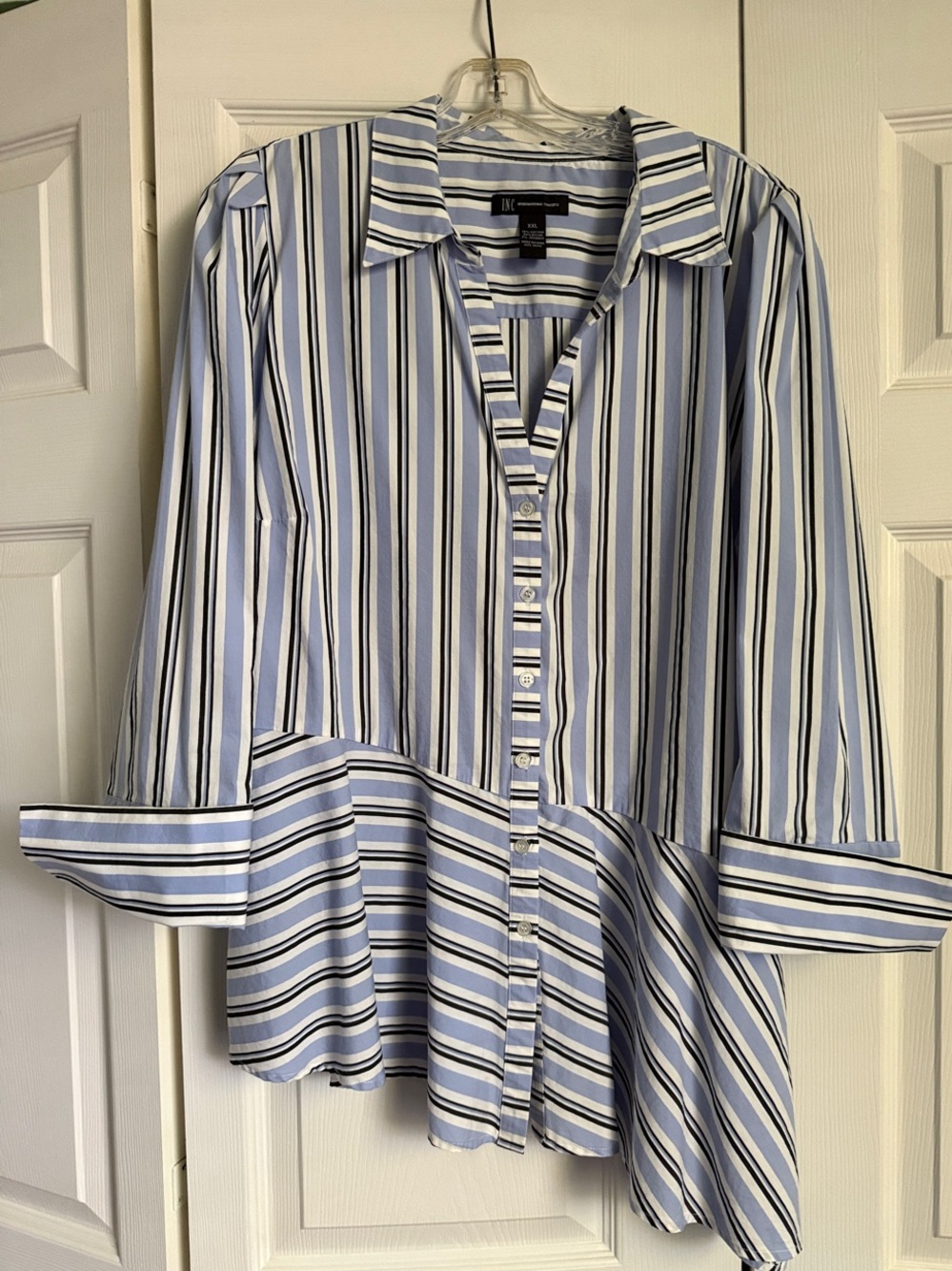 INC International Concepts Blue and White Striped Button-Front Peplum Shirt